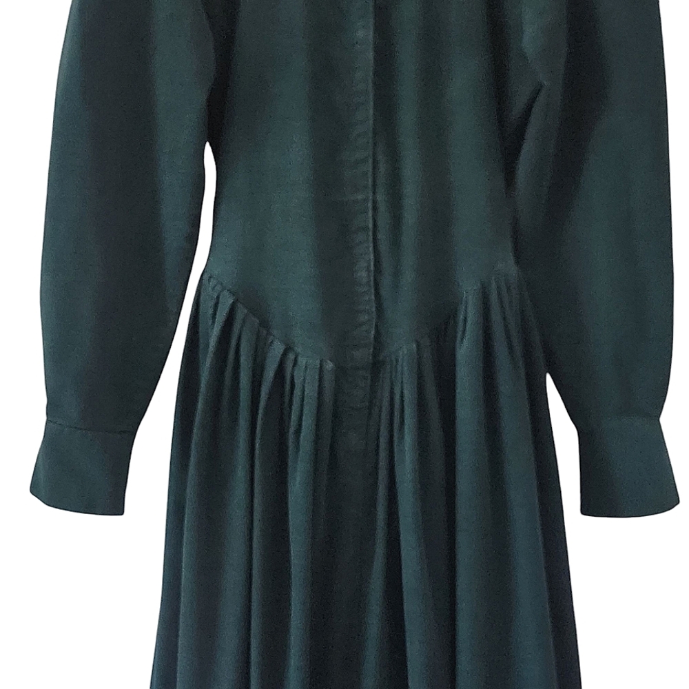 80's Norma Kamali Drop Waist Puff Sleeve Green Corduroy Button Down Dress Small - Picture 6 of 12